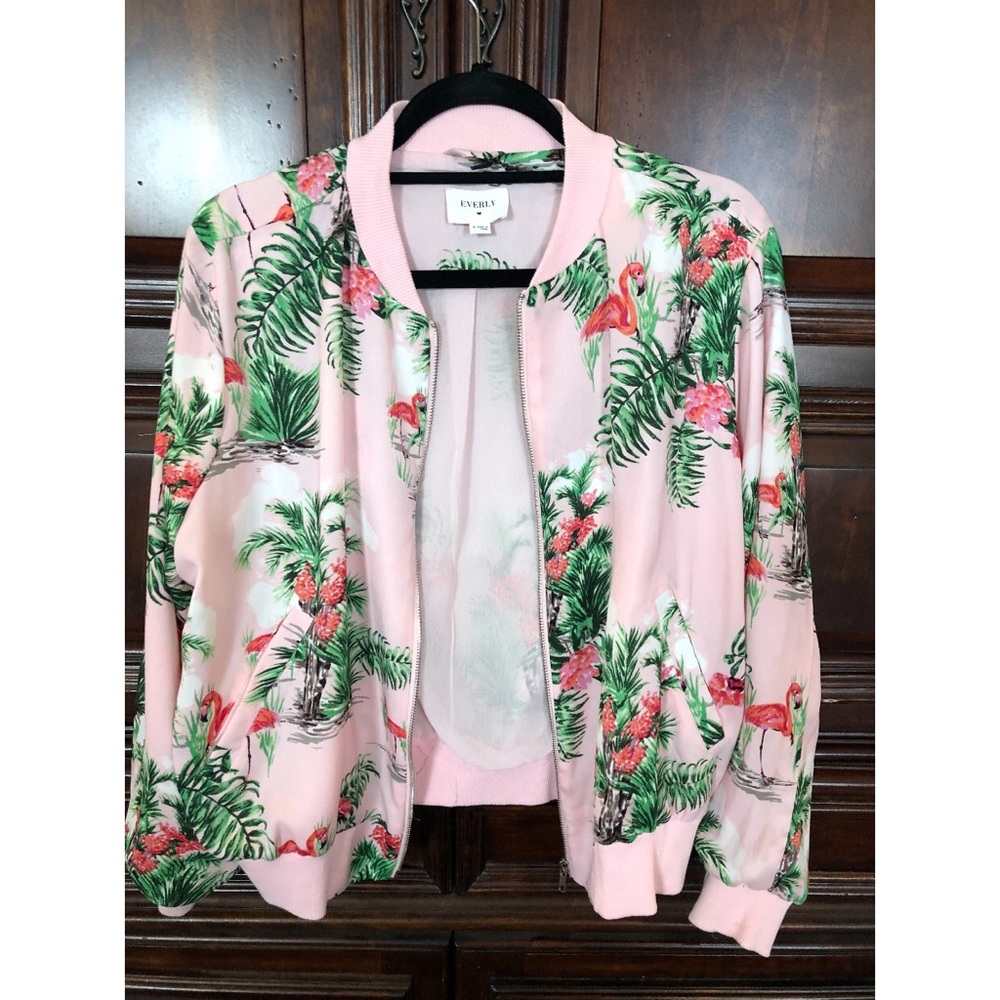 Everly Pink and Green Print Bomber Zip-up Jacket